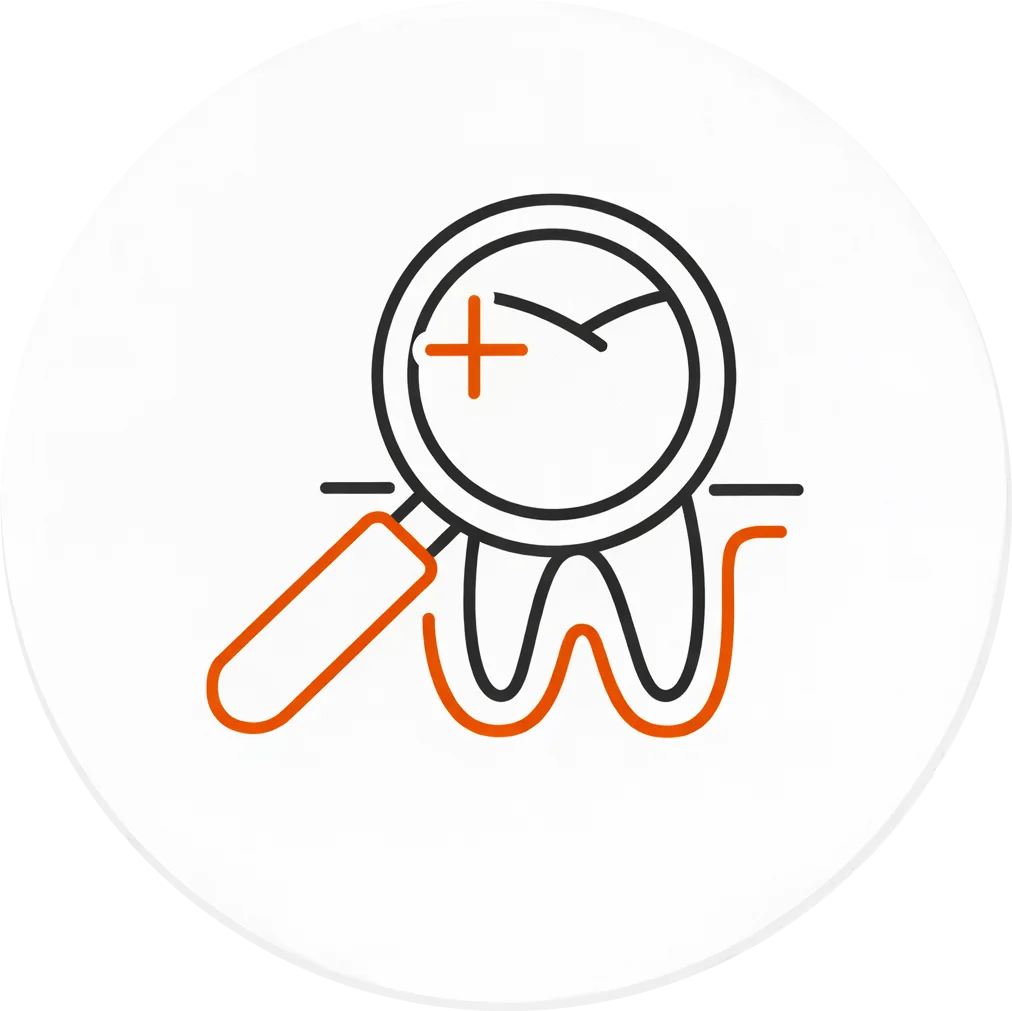 Icon of a magnifying glass over a tooth representing emergency relief and stabilisation